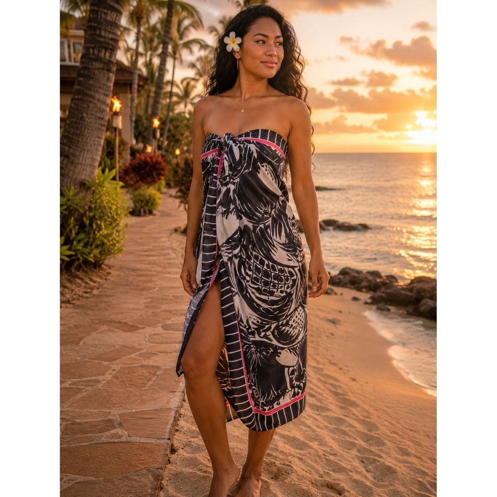 NWT Anne Cole Sarong Swim Cover Up OS Navy White Pink Tropical Floral Wrap #1097